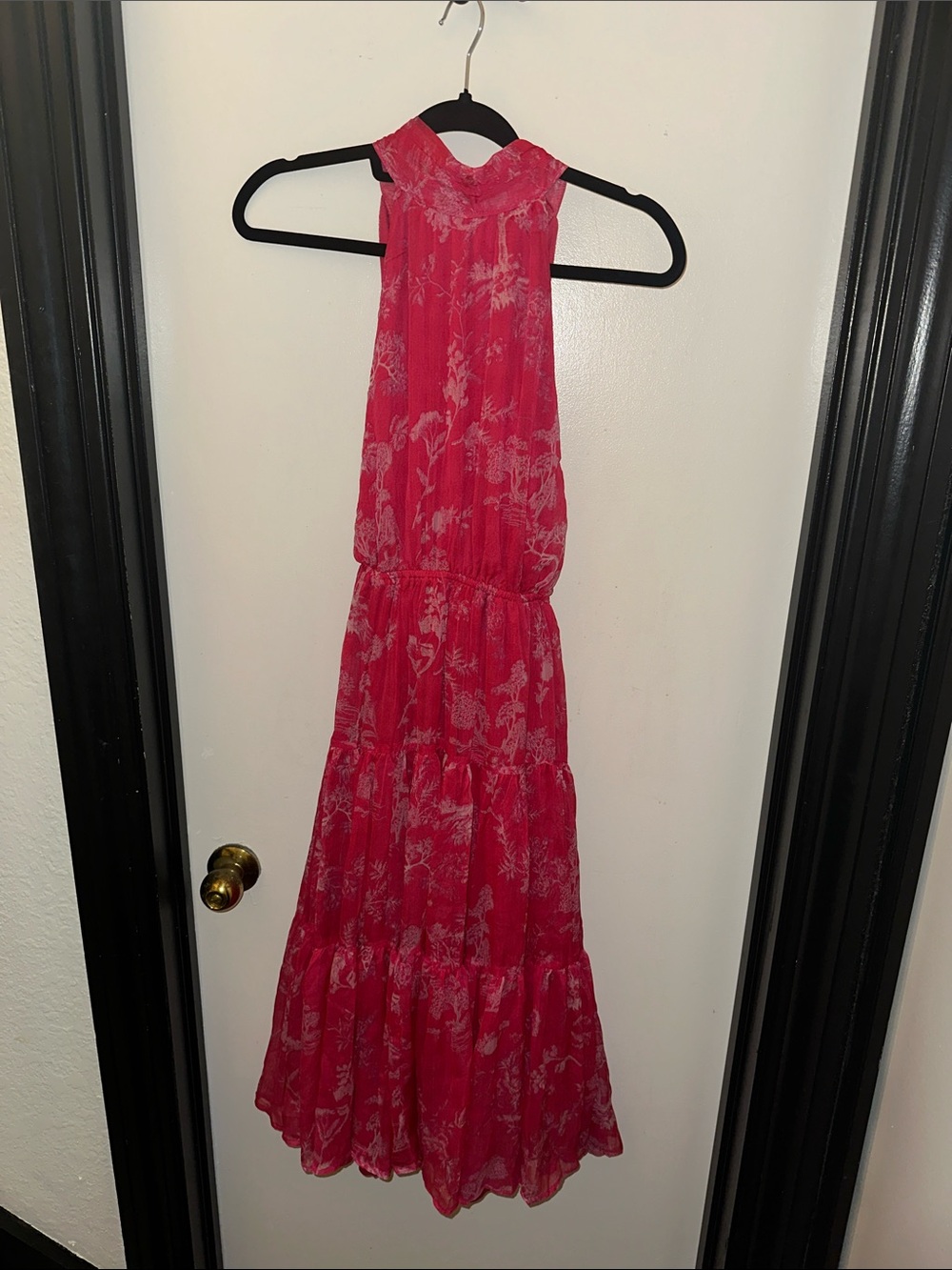 Lulus Float to You Hot Pink Floral Print Halter-Neck Tiered Midi Dress in Size S - Picture 7 of 9
